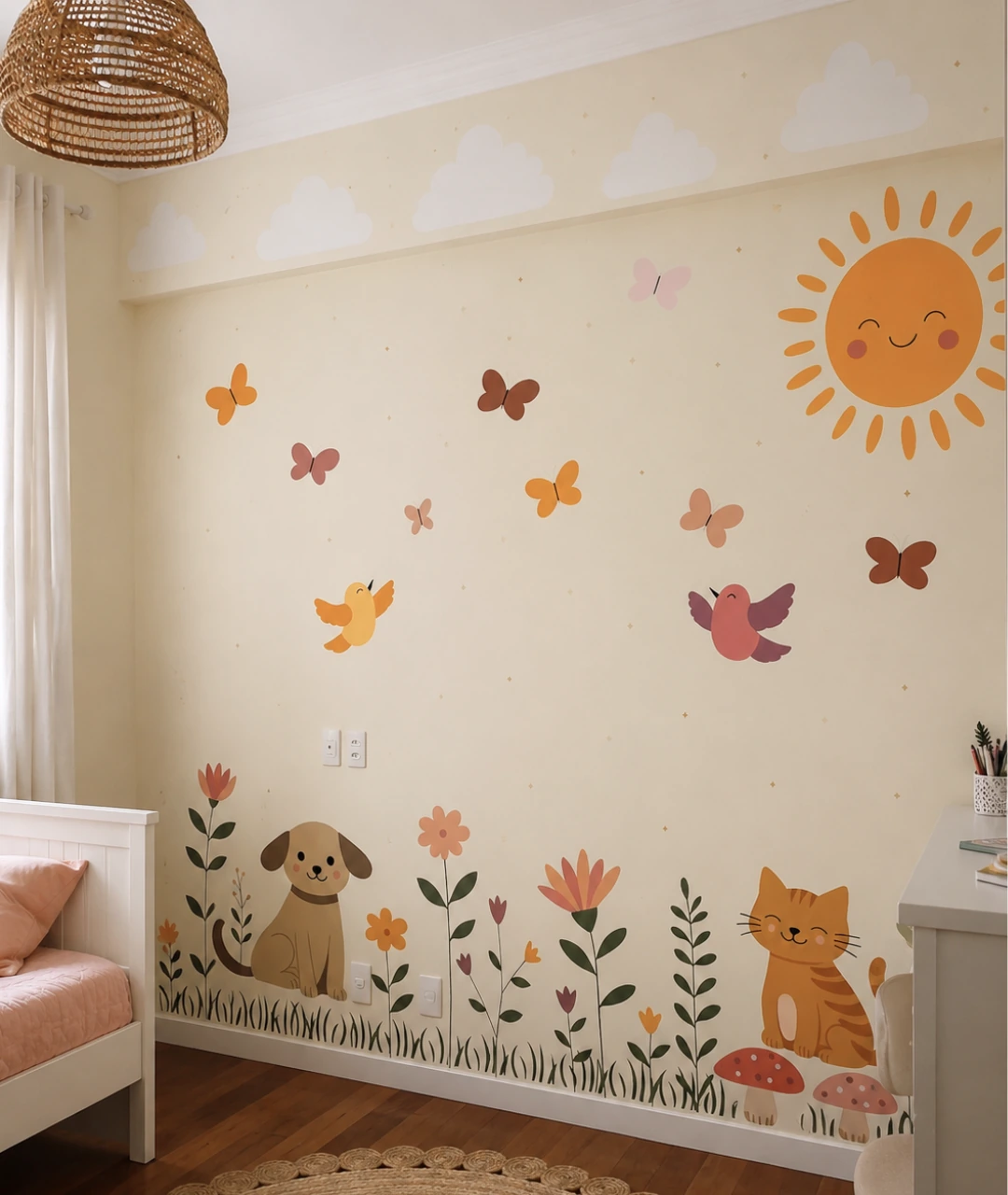 Mural infantil com bichinhos e flores no quarto